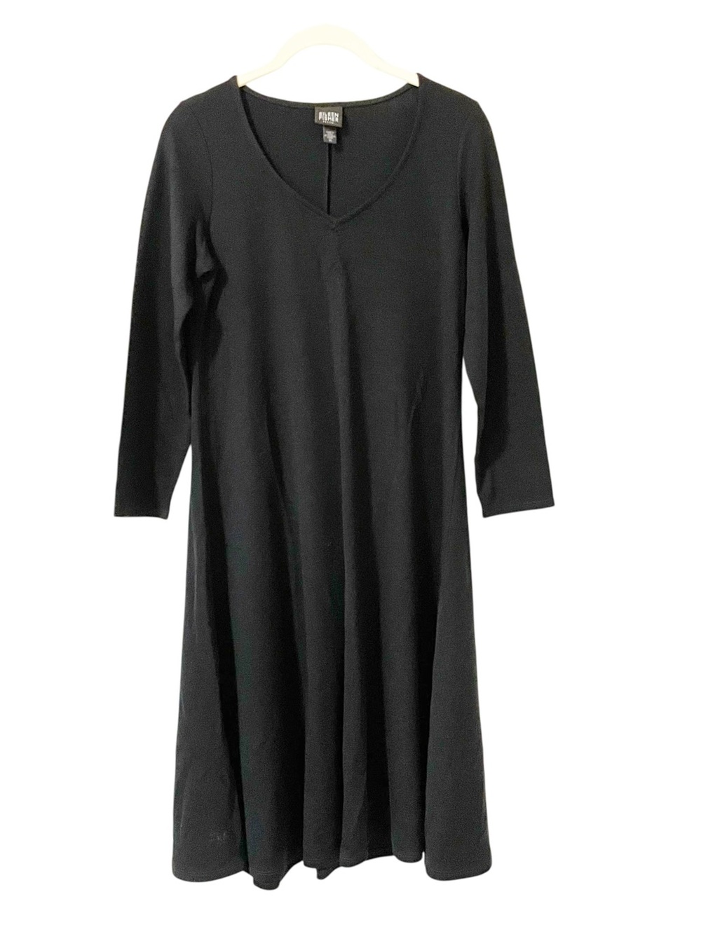 Eileen Fisher Black V-Neck Midi Dress with Three-Quarter Sleeves